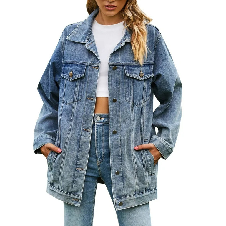 Durtebeua Oversized Jean Jacket For Women Long Sleeve Pocketed Denim Jacket Casual Fitted Trucker... | Walmart (US)