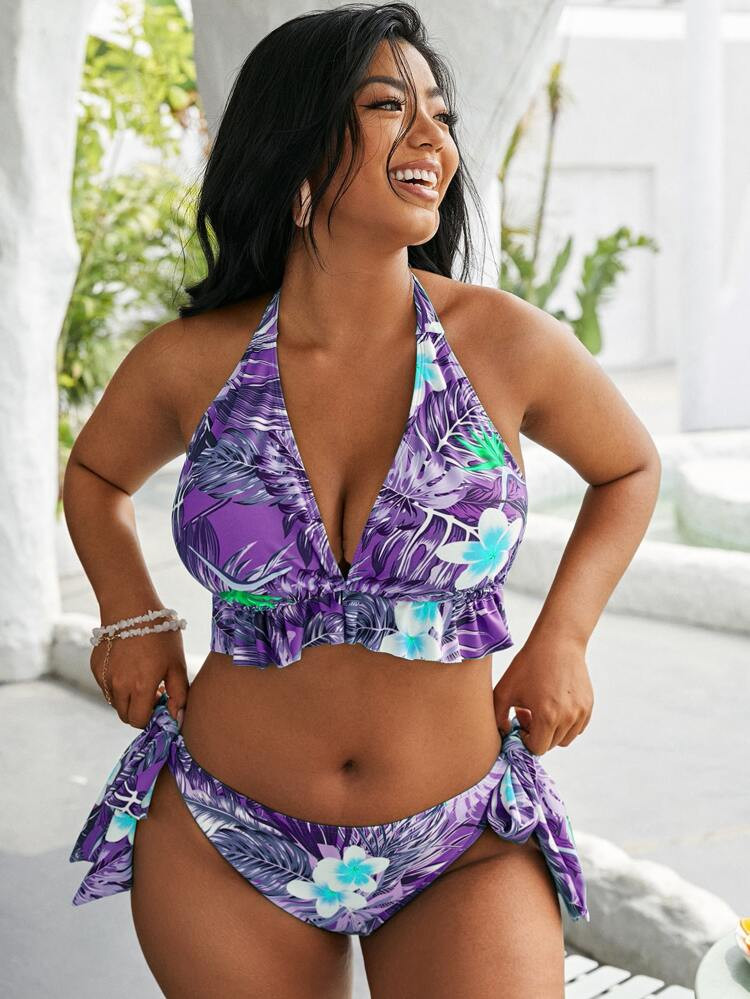 Plus Tropical Halter Tie Side Bikini Swimsuit | SHEIN