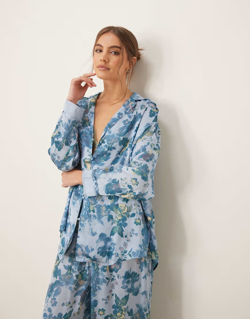 Free People dreamy days printed satin pajama set in light blue | ASOS (Global)