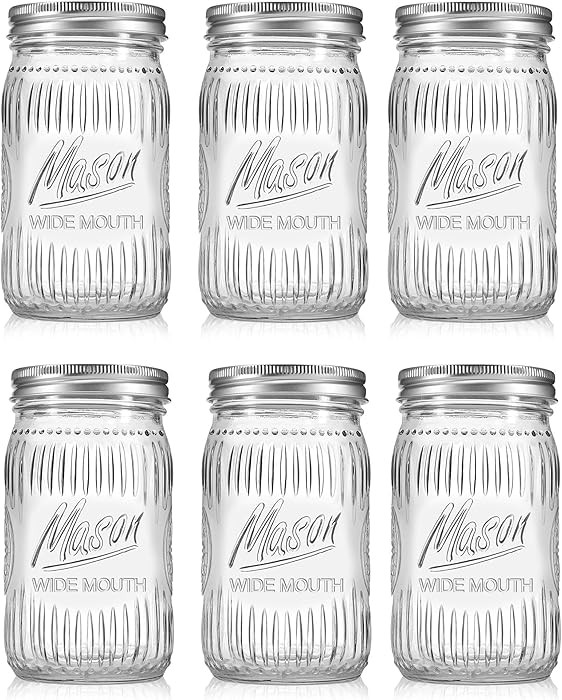 6 Pack 32 oz Vintage Style Wide Mouth Mason Jars - Heavy Duty Glass Storage Jars with Airtight & ... | Amazon (US)
