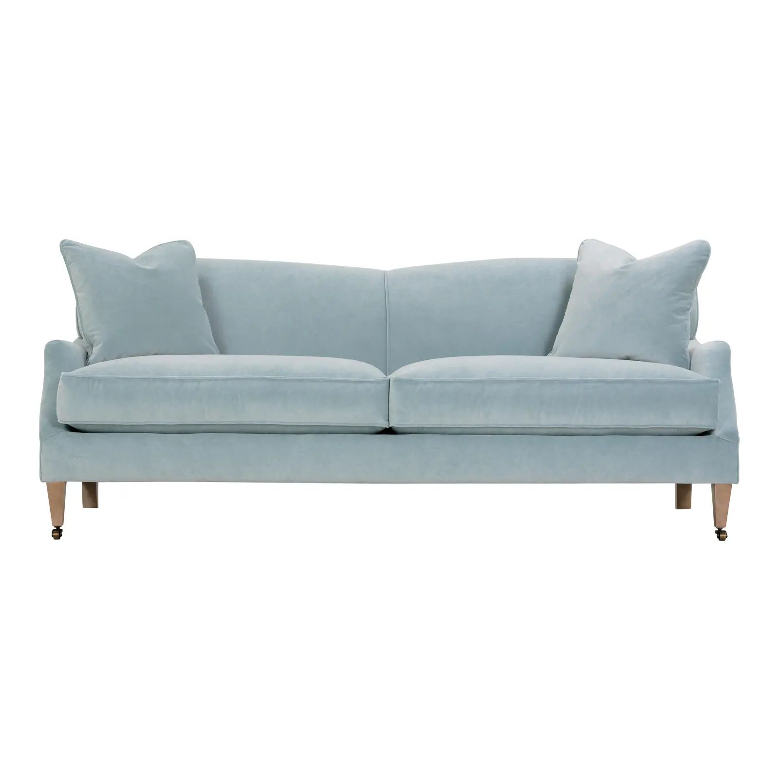 Tilly Sofa, Light Blue Velvet, Washed Oak Legs with Casters | Chairish