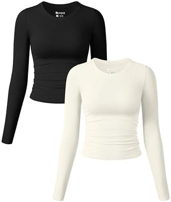 OQQ Womens 2 Piece Shirts Long Sleeve Crew Neck Ruched Stretch Basic Fitted Tee Shirts Tops | Amazon (US)