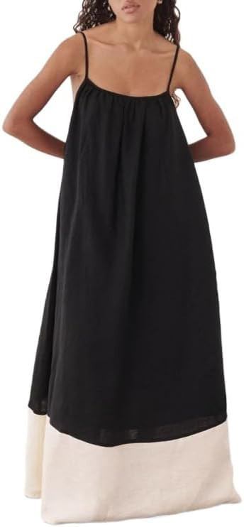 Women's 2025 Summer Sexy Maxi Dress Sleeveless V Neck Color Contrast Hollow Swing Cocktail Party ... | Amazon (US)