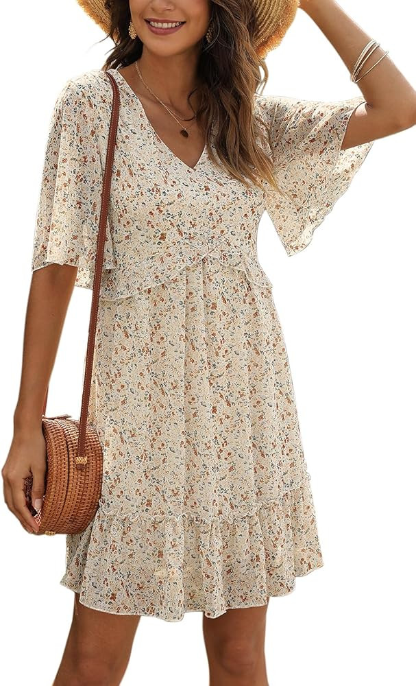 Manydress Women's Chiffon Floral Print V Neck Casual Mini Boho Ruffle Swing Dress MY068 | Amazon (US)
