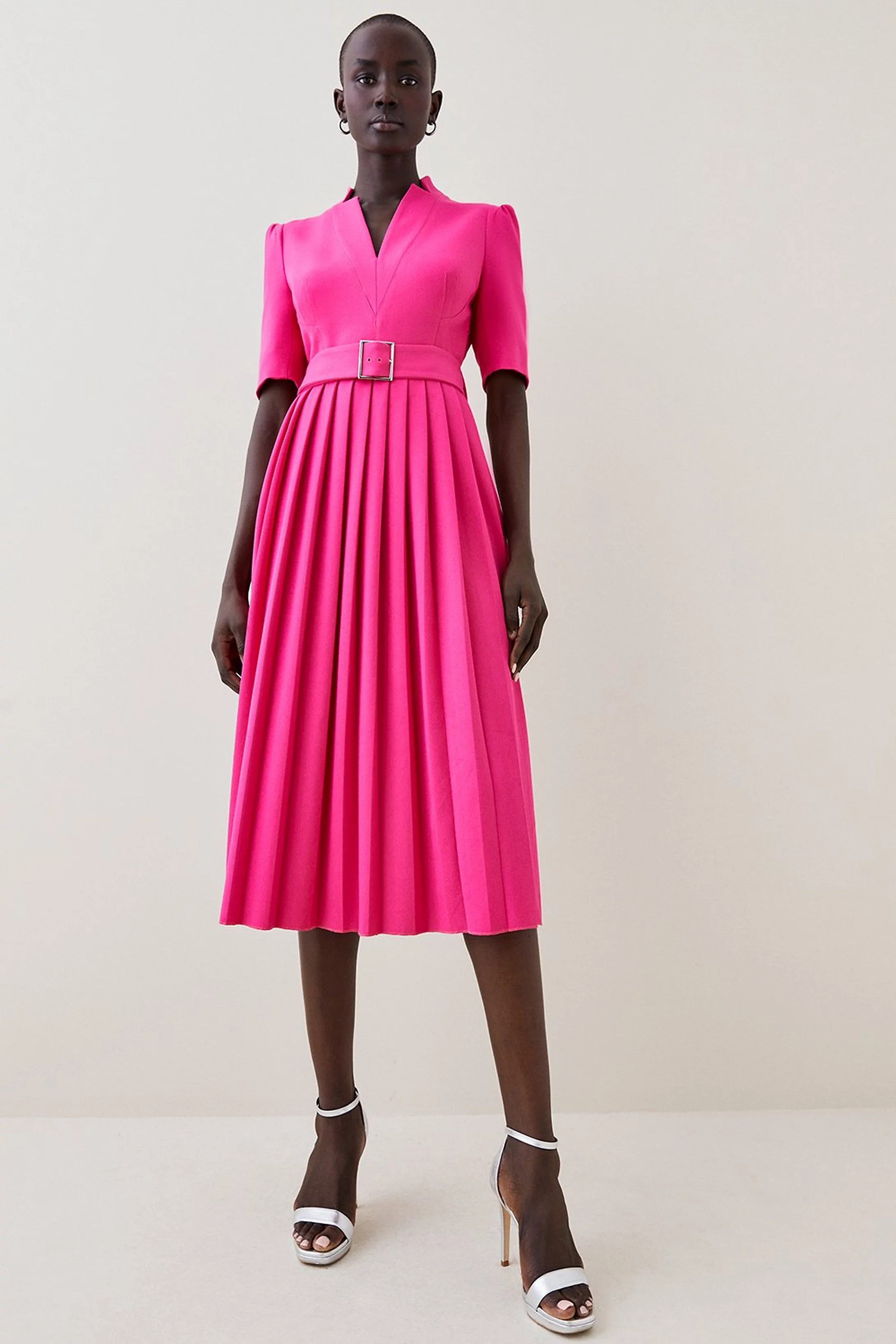 Structured Crepe Forever Pleat Belted Midi Dress | Karen Millen UK + IE + DE + NL