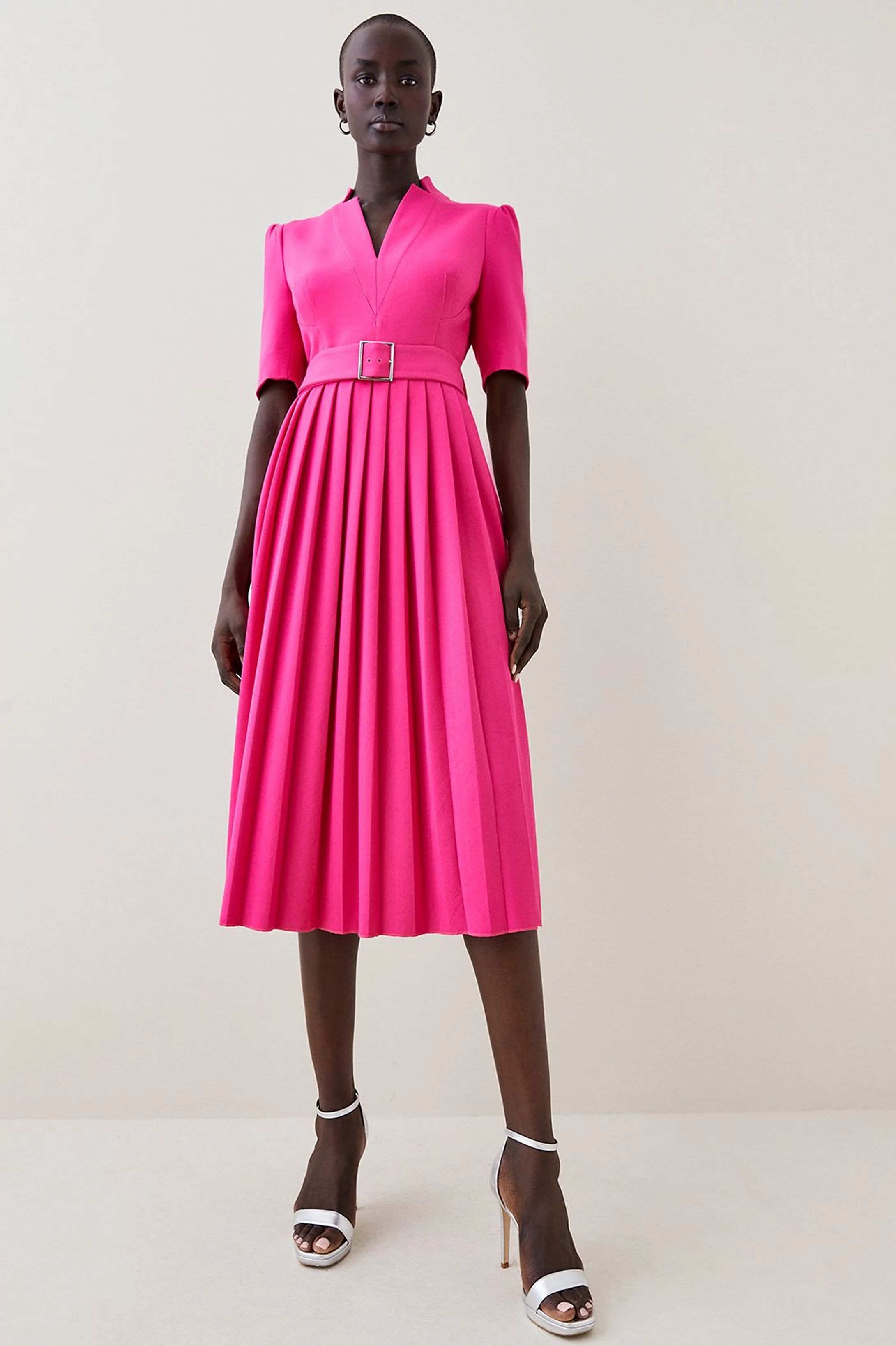 Tailored Structured Crepe Forever Pleat Belted Midi Dress | Karen Millen US