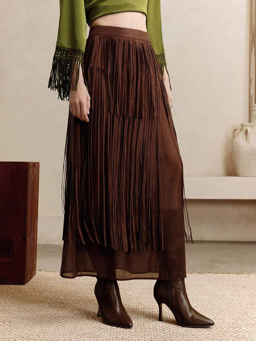 Arave Women's A-Line Brown Punched Tassel Design Long Skirt Fall Clothes For Women Boho Women Clo... | SHEIN
