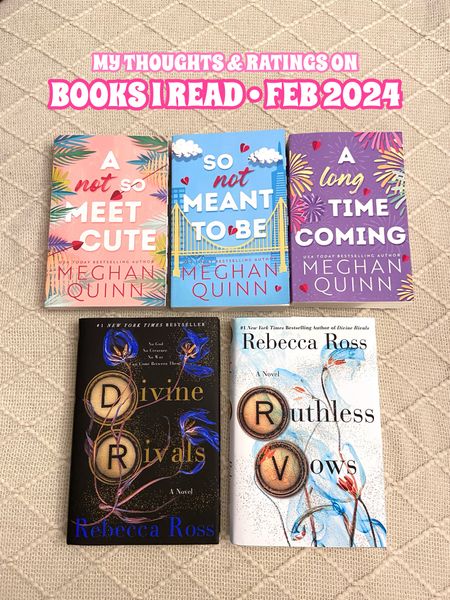 my thoughts and ratings on each book i read in february 📚📖✨

• a not so meet cute (4⭐️) this book has major romcom vibes, it’s funny, entertaining, there’s great banter between the main characters. the tropes are enemies to lovers, fake relationship, billionaire, grumpy/sunshine. this book is heavy on the spice/smut. it’s book 1 out of 3, the cane brothers series. it’s fast paced, not boring, an easy read. 

• so not meant to be (4⭐️) this book has the same romcom vibes and comedic banter as book 1 of the series. the tropes are enemies to lovers, stuck together, opposites attract, billionaire. this book is also very heavy on the smut/spice. this one is also fast paced, entertaining, not boring, and an easy read. i liked jp way more than huxley. 

• a long time coming (4⭐️) this books trope changes from the first two in the series. the tropes of this book are friends to lovers, wedding, billionaire. the romcom vibes continue although this one has more drama and i loved it reading about it. this one also has lots of smut/spice. also fast paced, entertaining, not boring, and an easy read. 

• divine rivals (4⭐️) this book is a romance fantasy with a bit of historical fiction as well. it’s tropes are rivals to lovers, secret identity, slow burn, found family. there’s magic and gods, the setting mainly takes place during war so there’s lots of action, and the romance is sweet and deep. there is no spice/smut in this book. 

• ruthless vows (4⭐️) this is book two in the divine rivals series. it’s trope is amnesia which makes a very interesting plot line and builds so much anticipation. the magic and war between gods continues in this book which again creates so much action. there is no spice/smut in this book. 

#LTKfindsunder50