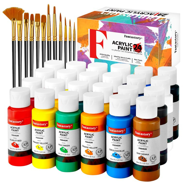 Fantastory Acrylic Paint Set, 2oz 24 Colors Acrylic Craft Paint with 12 Brushes | Walmart (US)