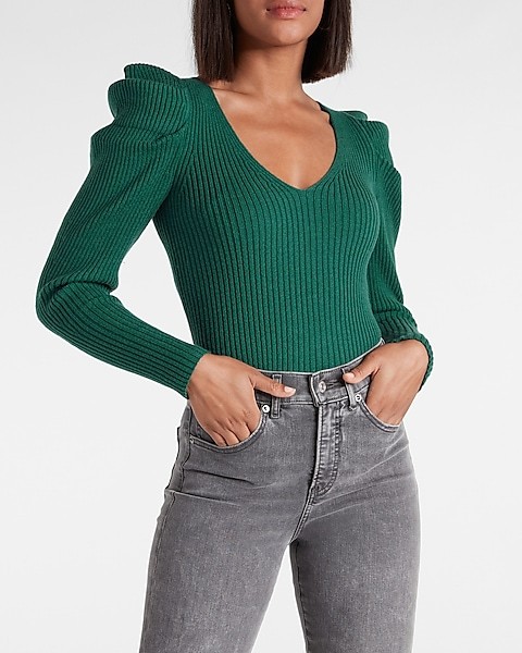 V-Neck Puff Sleeve Sweater | Express