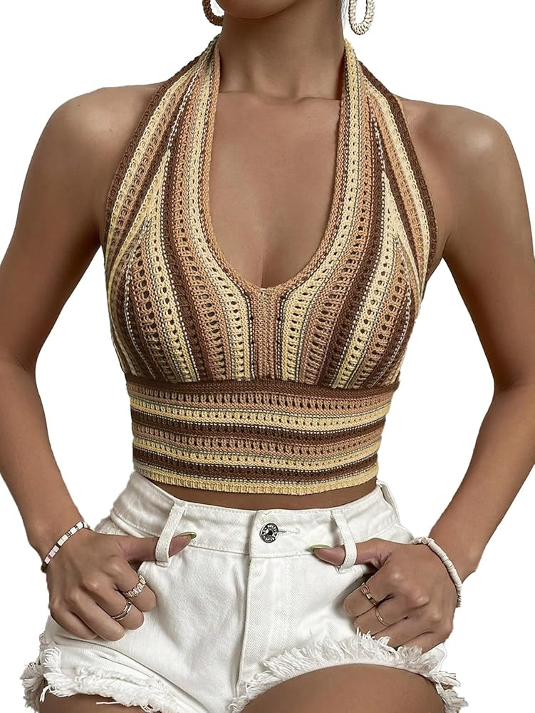 Verdusa Women's Striped Colorblock Tie Backless V Neck Knitted Crop Halter Top | Amazon (US)