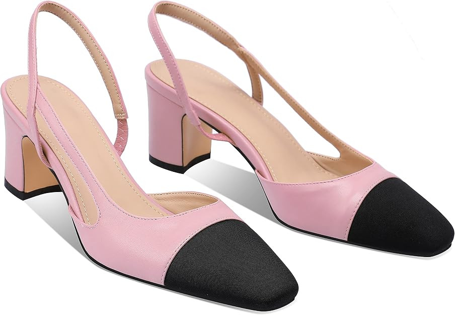 LauraVicci Heeled Slingback Pumps Two Toned Splicing Closed Round Toe Chunky Block Heels Sandals ... | Amazon (US)