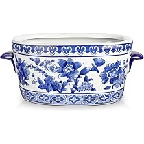 Blue and White Ceramic Planter Pot \u2013 Vintage Floral Oval Cachepot Vase for Indoor Plants, Fl... | Amazon (US)