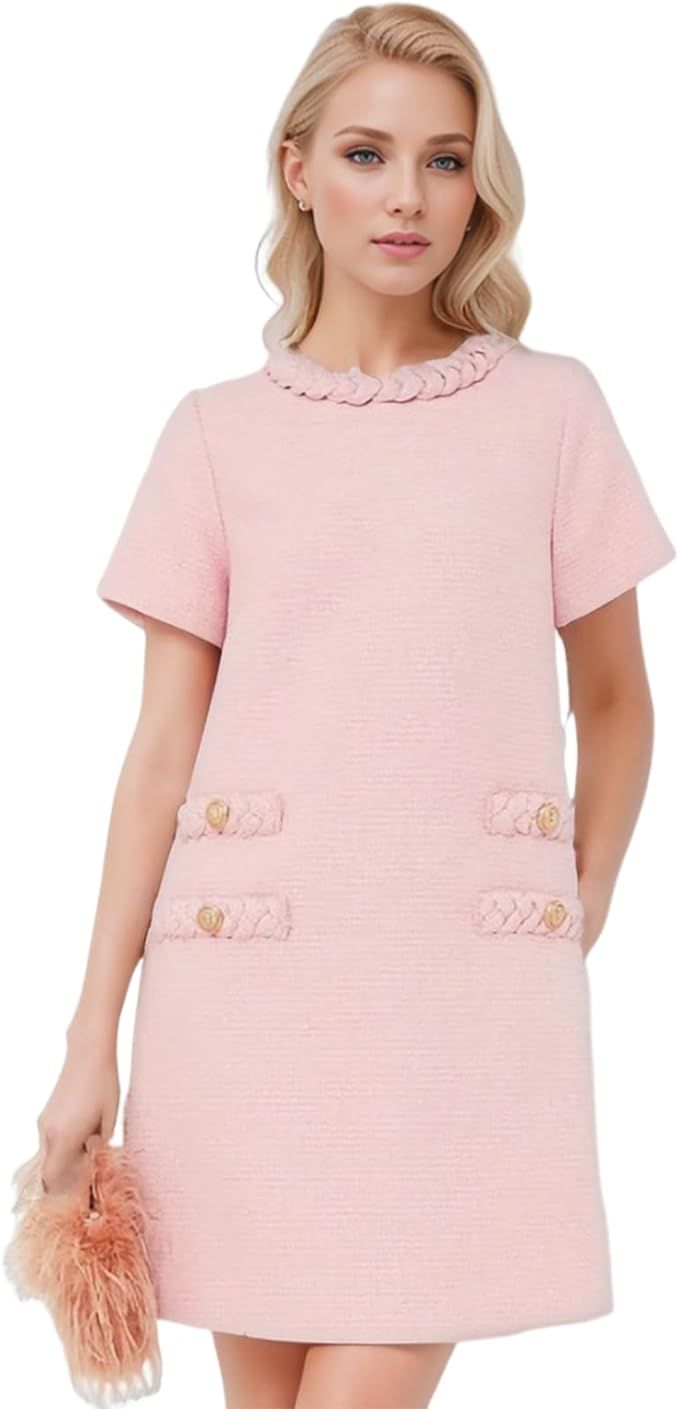 KJAJUIkh Womens Tweed Jackie Dress Elegant Crew Neck Short Sleeve Skirt Button Bodycon Eyelet Wor... | Amazon (US)