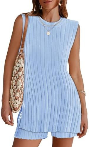 Tankaneo Womens 2 Piece Summer Outfits Knit Sweater Sets Sleeveless Ribbed Tunic Tops and Shorts ... | Amazon (US)