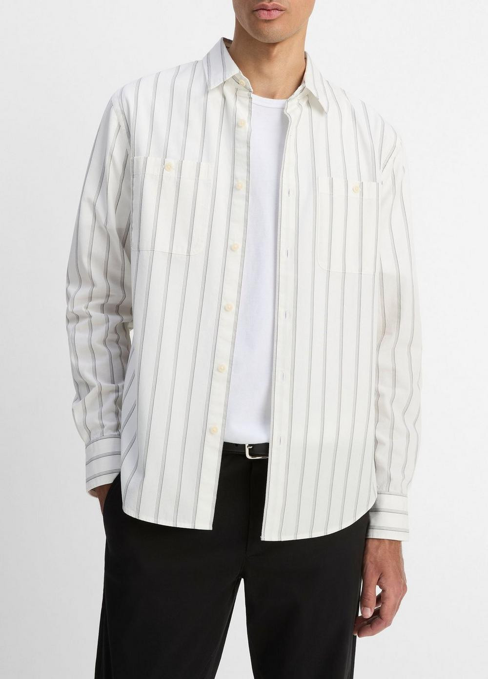 Men's Port Stripe Cotton Button-Front Shirt, Off White/smoke, Size XS Vince | Vince LLC