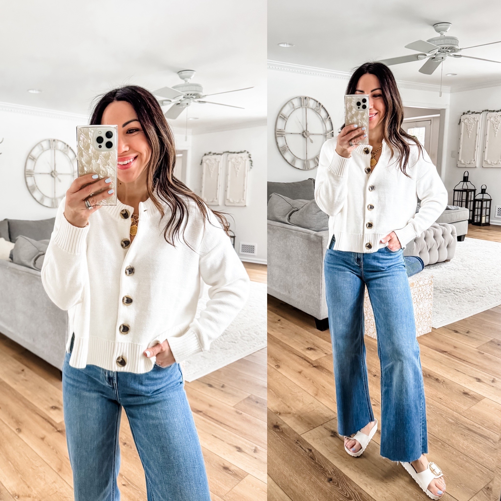 Small white cardigan. Jeans 25.

#LTKPetite #LTKOver40