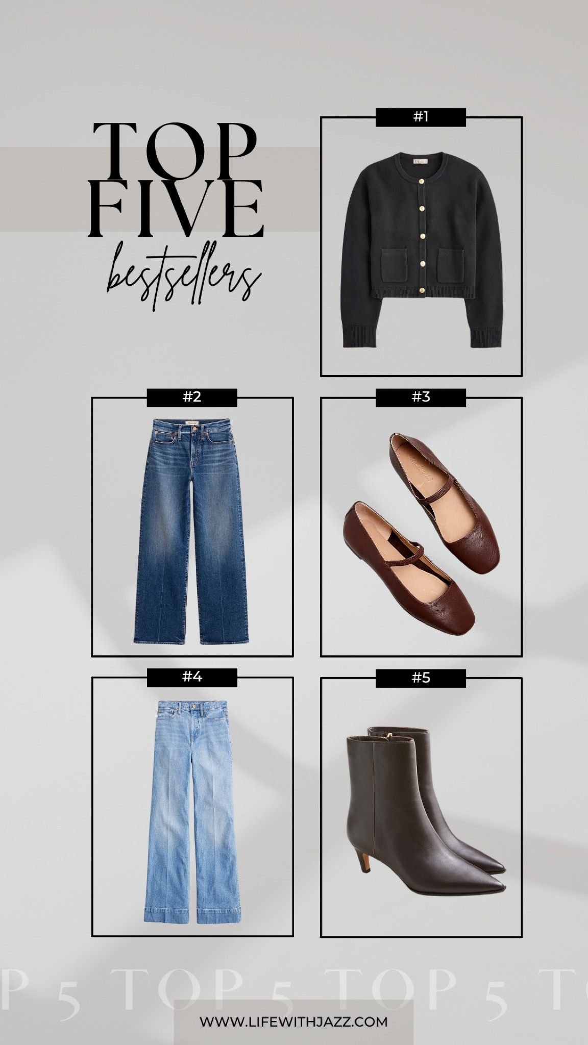This week’s bestsellers: 

All great workwear pieces! 

1. Jcrew New Emilie relaxed sweater jacket - this year’s release is literally the exact same style as last years! I found it to fit almost exactly the same 
2. Madewell the PV wide leg jeans in lavaca wash - I have a similar wash from last year
3. Madewell Greta ballet flats - under $100, a simple ballet flat that comes in several colors 
4. Jcrew denim trousers - classic wide leg jeans for the office 
5. Jcrew new Stevie ankle boots - I also have the old style from last year and love them for fall looks 

#LTKSeasonal #LTKShoeCrush #LTKWorkwear