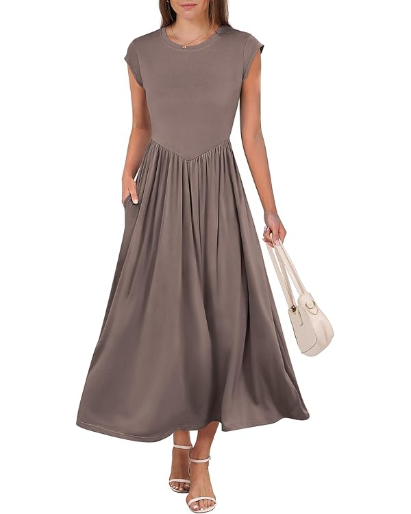 ANRABESS Women Cap Sleeve Maxi Dress Summer Dressy Casual Elegant Fit Flare High Waist Flowy Alin... | Amazon (US)