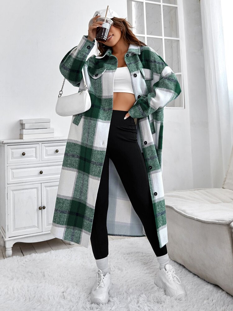SHEIN EZwear Plaid Drop Shoulder Flap Detail Shacket Overcoat | SHEIN