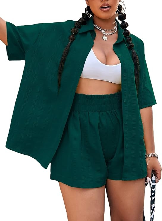 MakeMeChic Women's Plus Size Casual 2 Piece Outfits Long Sleeve Button Down Blouse and Shorts Set | Amazon (US)