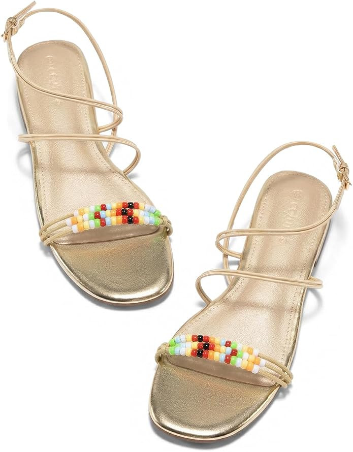 Coutgo Womens Strappy Flat Sandals Open Toe Lace Up Beaded Gladiator Flats Ankle Strap Summer Bea... | Amazon (US)