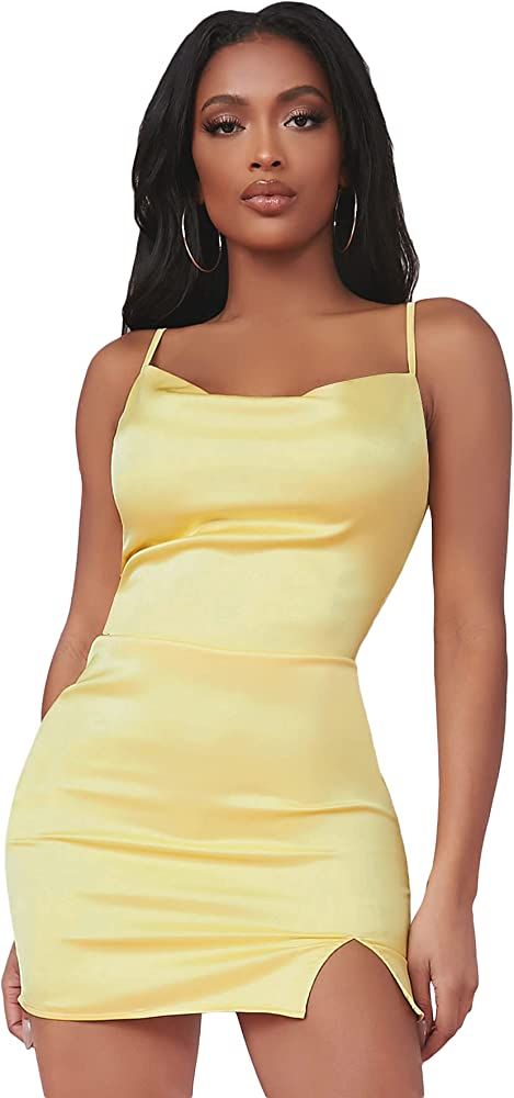 Verdusa Women's Split Hem Cowl Neck Spaghetti Strap Satin Cami Bodycon Dress | Amazon (US)