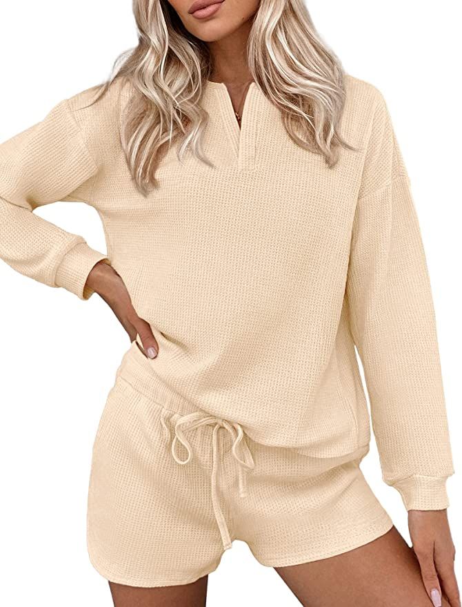 Ekouaer Womens Waffle Knit Pajamas Lounge Set Long Sleeve Top and Shorts 2 Piece Loungewear with ... | Amazon (US)