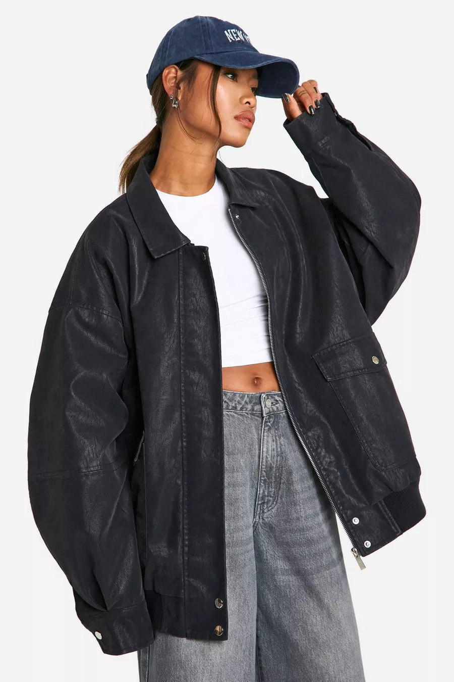 Vintage Look Faux Leather Oversized Bomber Jacket | boohoo (US & Canada)