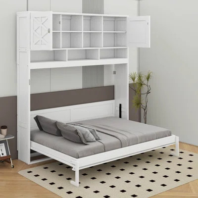 Queen Size Wall Murphy Bed with Cabinets, Shelves & Diamond Stripe Panels, Space-Saving Storage Design, White | Wayfair North America