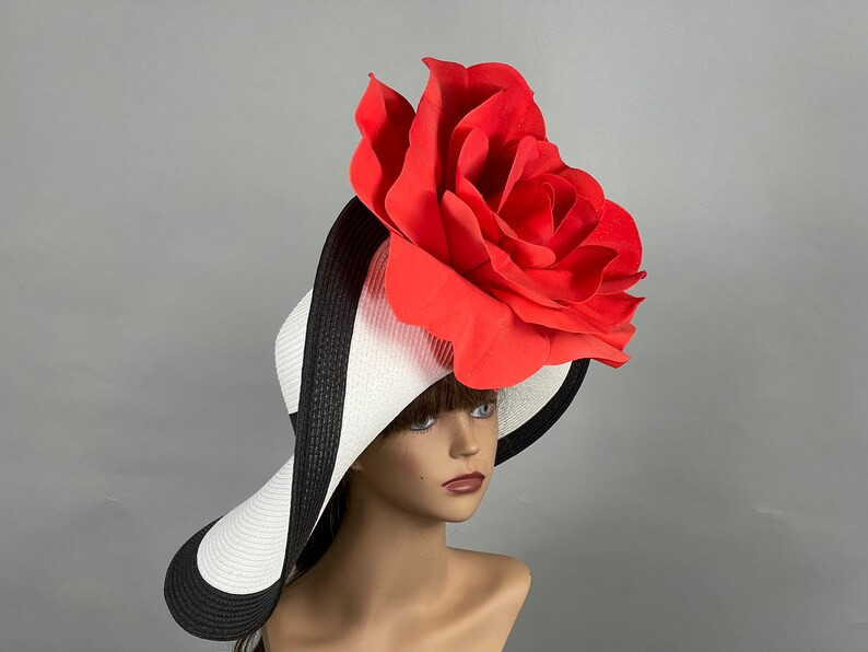 SALE White Black Red Strips Woman Hat Party Kentucky Derby Tea Hat Wedding Cocktail Party Hat Chu... | Etsy (US)