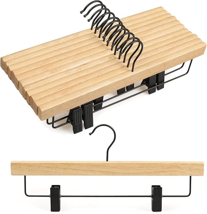TOPIA HANGER Pants Hangers 10 Pack, Wooden Clothes Hangers with Black Clips and Rotatable Hook, D... | Amazon (US)