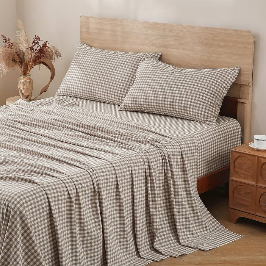 TOCOMOA Tan Gingham Sheets Bedding Set 100% Washed Cotton Like Linen Feel Breathable Soft Comfy 3... | Amazon (US)