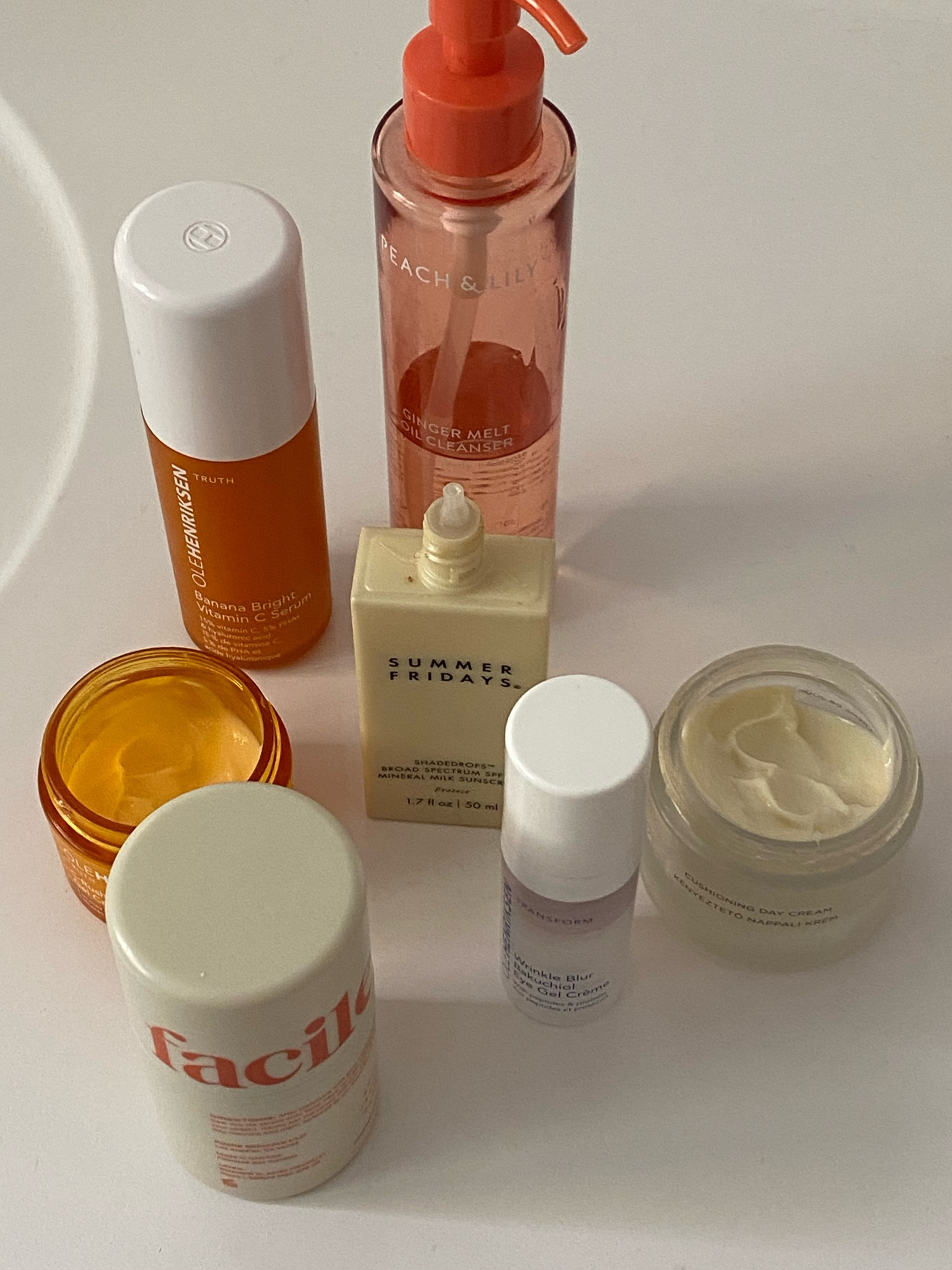 everyday skincare lineup - omorovicza cushion day cream, peach and lily face wash, facile hypotonic acid, ole henriksen #skincare #everydayskincare #eyecream 

#LTKGiftGuide #LTKbeauty #LTKSeasonal