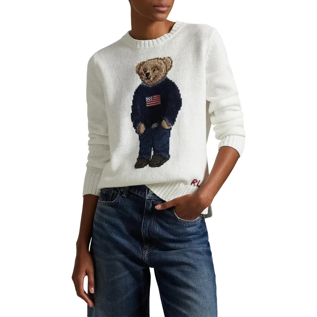 Polo Ralph Lauren Polo Bear Embroidered Linen & Cotton Crewneck Sweater in Deckwash White Multi at Nordstrom, Size Large | Nordstrom