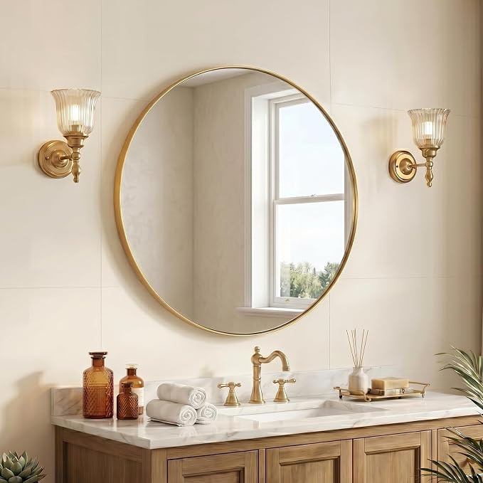 Round Gold Mirror, 28 Inch Brass Round Mirror, Brushed Brass Bathroom Mirrors for Over Sink, Deco... | Amazon (US)