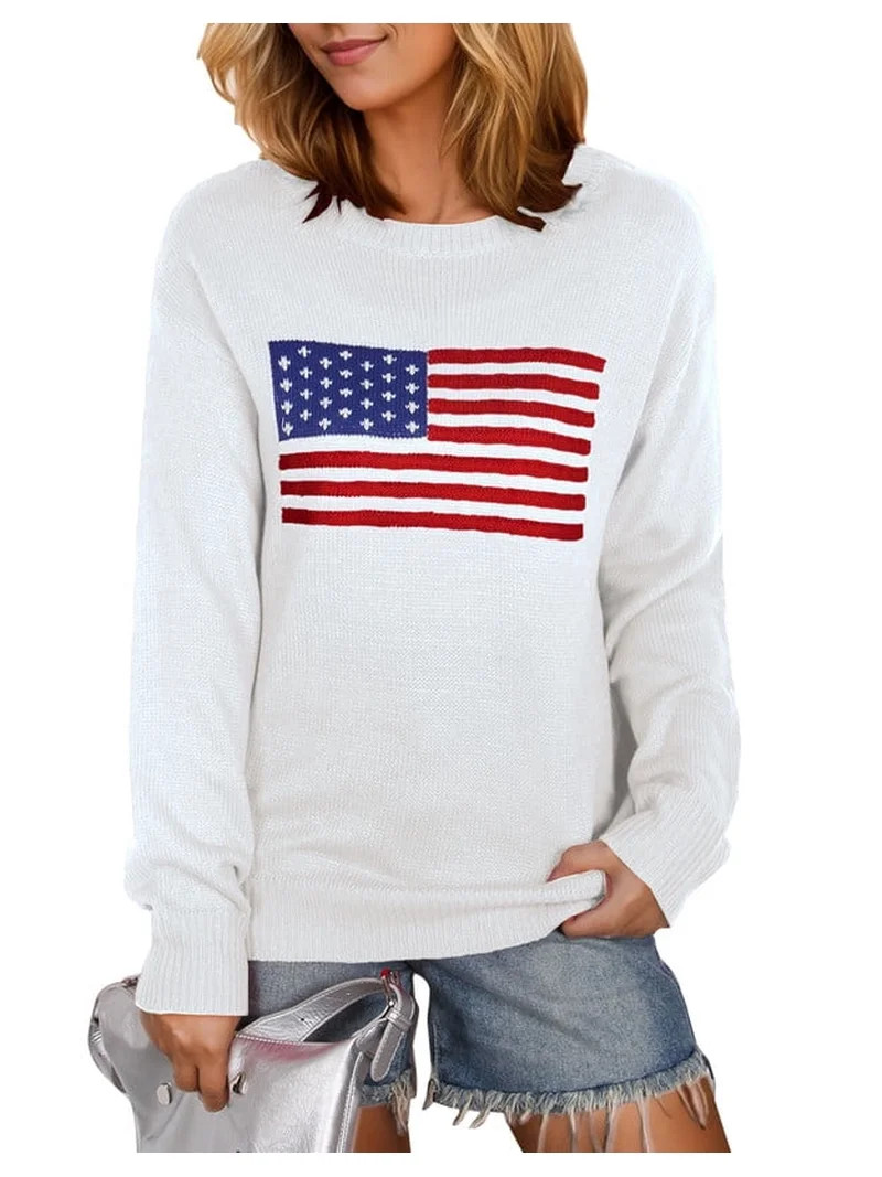 American Flag Graphic Sweaters for Women 4th of July Crew Neck Sweater Long Sleeve Casual Knit Pu... | Walmart (US)