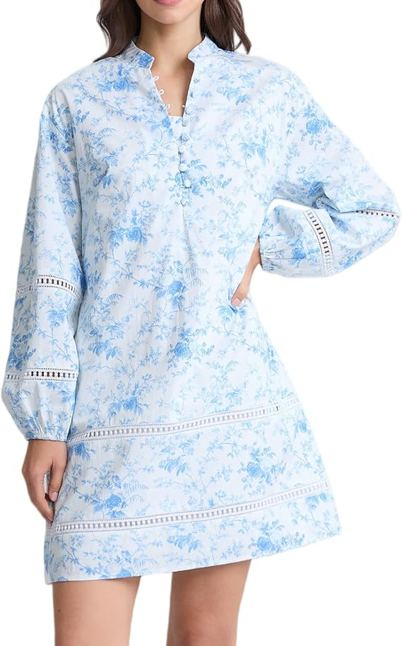 Women Floral Mini Dress Puff Long Sleeve Stand Collar Casual A Line Shift Short Dress | Amazon (US)