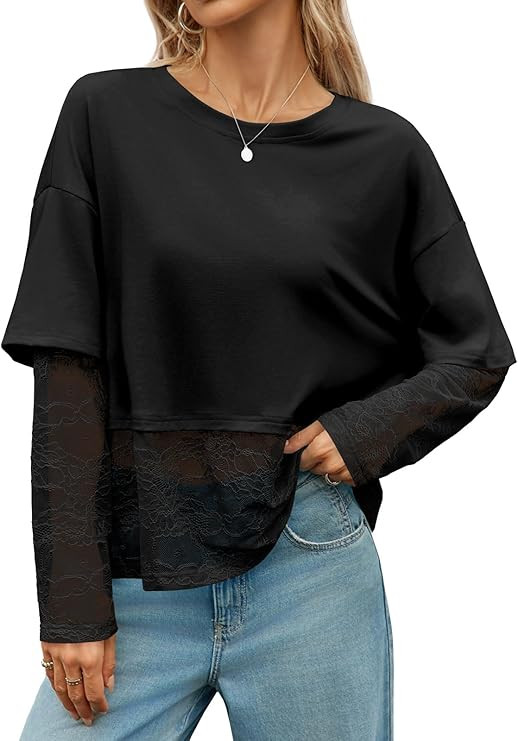 Tankaneo Womens Lace Long Sleeve Crop Top 2025 Crewneck Mesh T Shirts Casual Trendy Tops | Amazon (US)