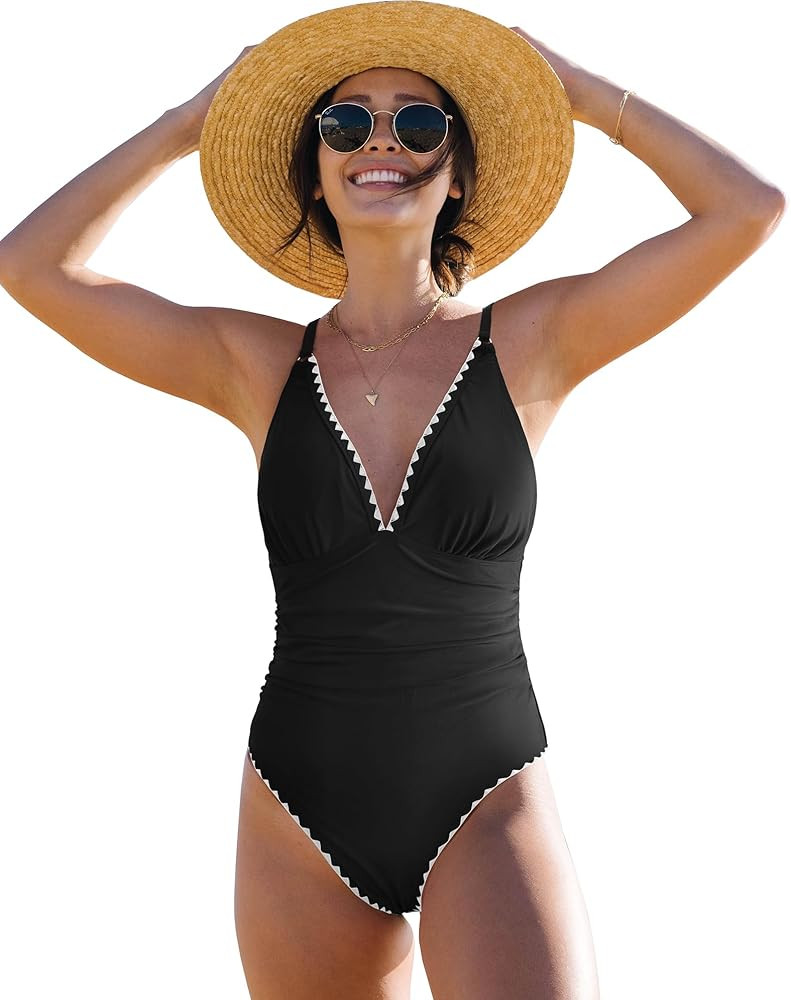 SPORLIKE Women One Piece Swimsuit V Neck Tummy Control Bathing Suit Adjustable Straps Swimwear Pa... | Amazon (US)