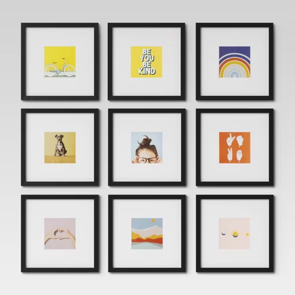Set of 9 Gallery Frame Set 10" x 10" Matted to 5" x 5" Black - Room Essentials... | Target