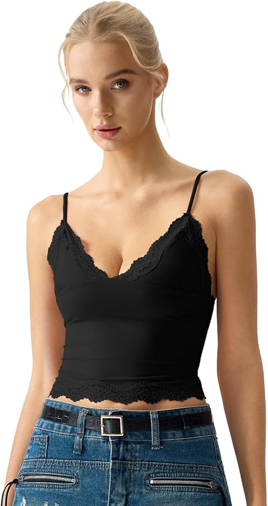 QINSEN V Neck Lace Trim Cami for Womens Spaghetti Straps Slimming Fit Sleeveless Tank Camisole Cr... | Amazon (US)