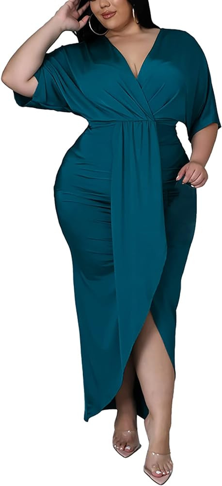 Sexy Plus Size Maxi Dress for Curvy Women V Neck Short Sleeve Wedding Guest Dress Party Dress | Amazon (US)