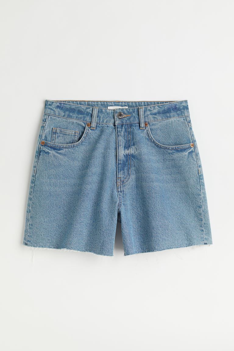 5-pocket shorts in washed denim. High waist, zip fly with button, and raw-edge hems. | H&M (US + CA)