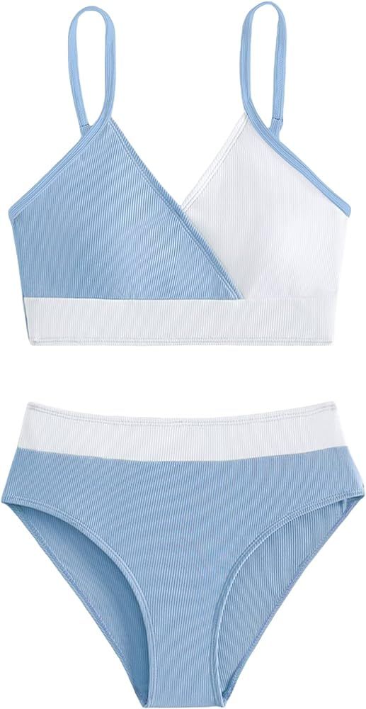 Milumia Girl's Cute Two Piece Swimsuit V Neck Spaghetti Strap Wireless Bikini Set | Amazon (US)