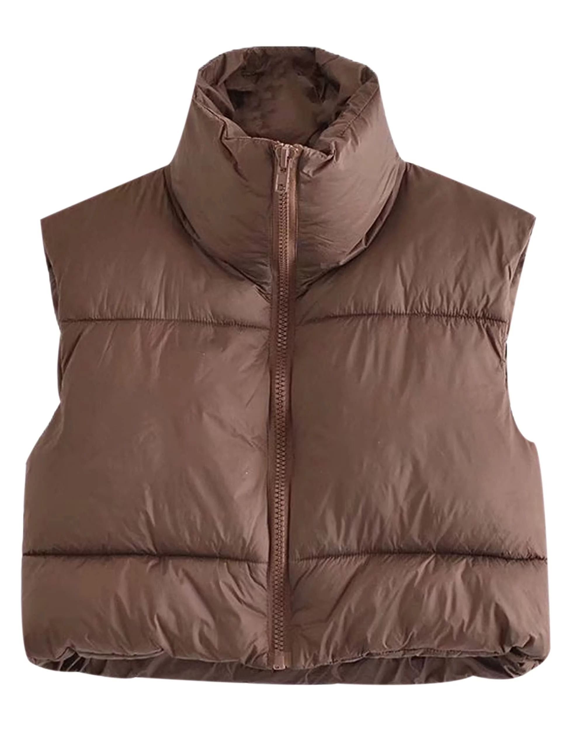 Lentta Womens Zip Up Stand Collar Sleeveless Padded Cropped Puffer Vest (Brown-XS) | Walmart (US)