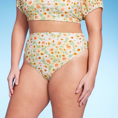 Women's Cheeky High Waist Bikini Bottom - Wild Fable™ Green Daisy Print | Target