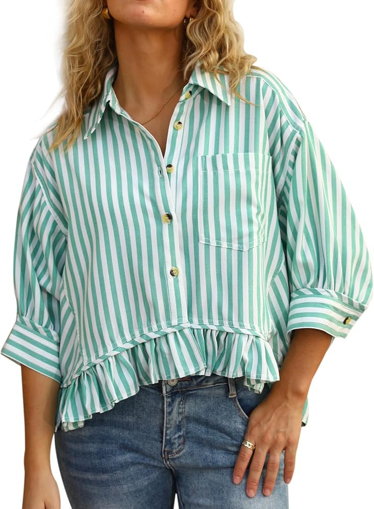 CHYRII Womens Summer Tops Dressy Casual Blouse Top Ruffled Short Sleeve Button Down Striped Shirt | Amazon (US)