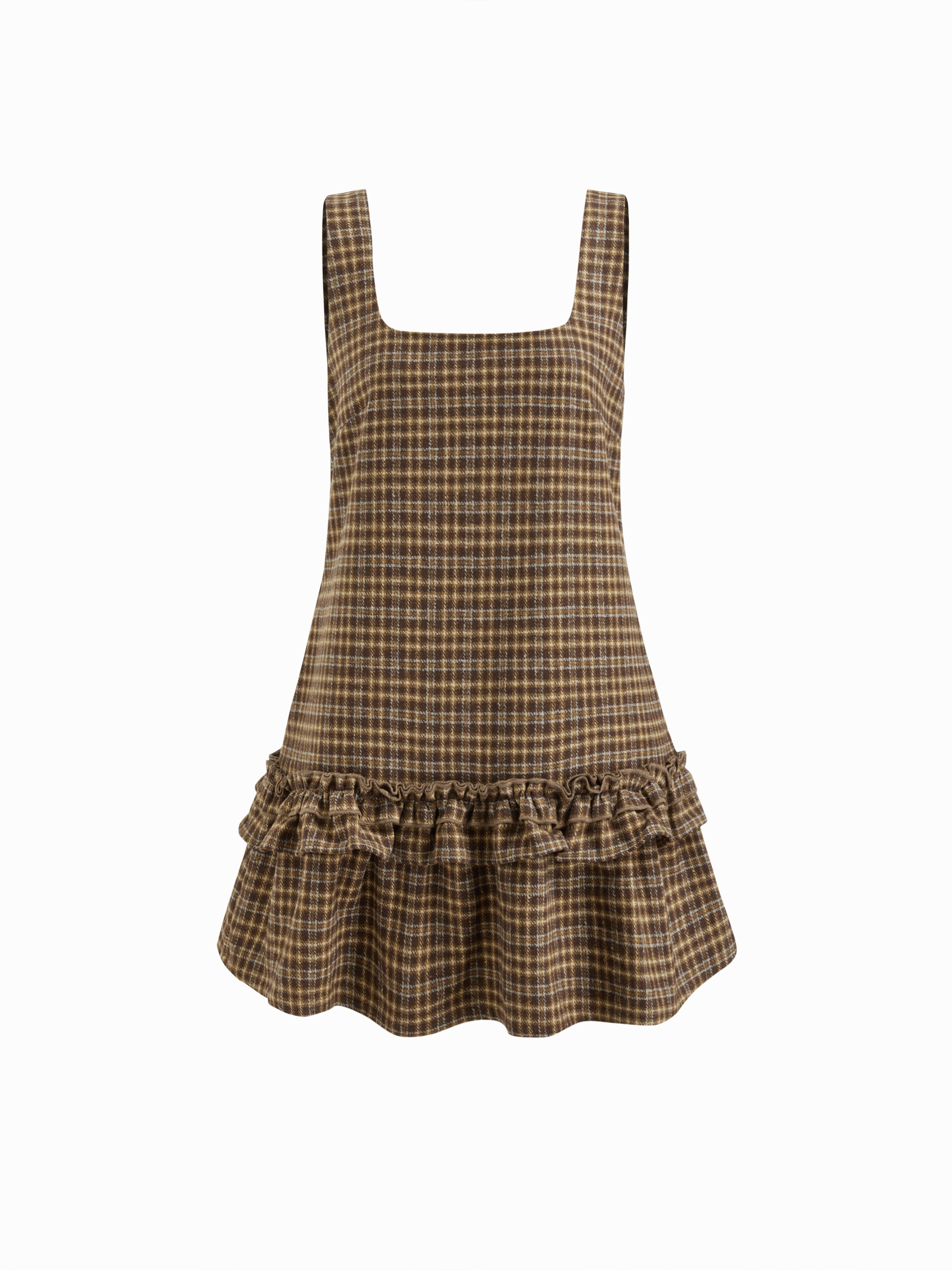 Woven Plaid Square Neck Ruffle Trim Mini Dress For Daily Casual | Cider