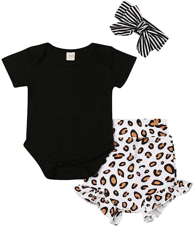 Baby Girls Cotton Black Romper Toddler Bodysuit Top+Leopard Shorts+Headband Newborn 0-2T Girl Clo... | Amazon (US)